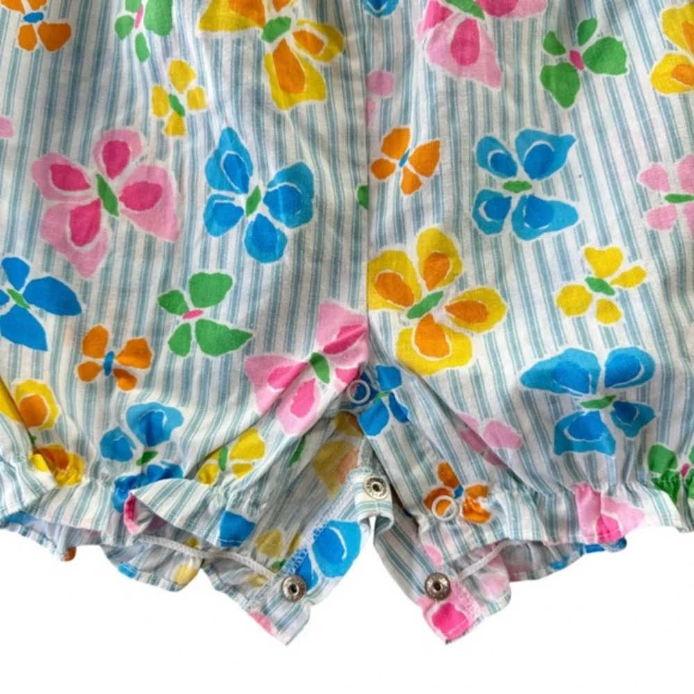 Vintage Baby Girl Ruffle Butterfly Romper Blue‎ Striped Eyelet Lace 12M Kidcore